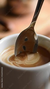 Macro close-up video of a steaming, creamy latte in a white ceramic mug, a silver spoon stirring rich coffee into velvety microfoam creating swirling patterns. Softly blurred bokeh background with