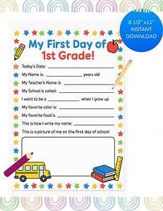 First Day of 1st Grade Worksheet Printable Back to School All About Me Page Keepsake Activity for Kids Instant Download PDF Homeschool PDF - Etsy Canada