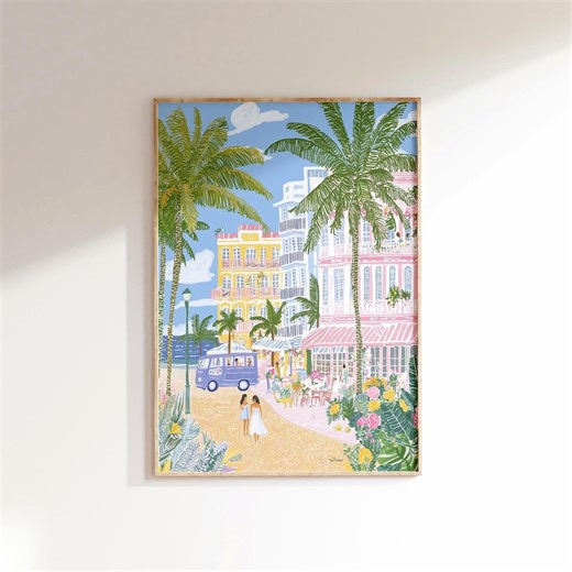 Miami Beach Print, Vintage Florida Tropical Palm Street Wall Art, Travel Printable - Etsy