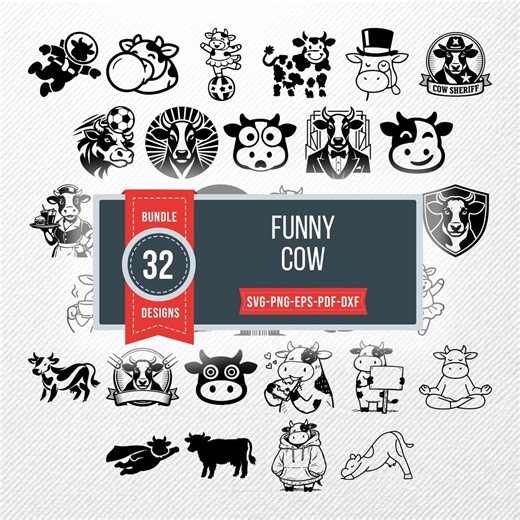 Funny Cow SVG Clipart Bundle | 32 Vector Drawings | PNG PDF Eps Dxf | Commercial Use Cut Files - Etsy