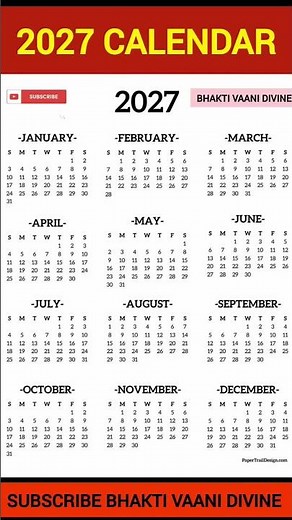 2027 Calendar | Full Year Calendar 2027 | All Months January to December