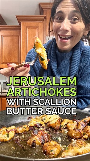 Roasted Jerusalem Artichokes with Scallion Butter Sauce As eaten in the o2 restaurant in the Inbal hotel. This has become my new side dish obsession. So easy to make and OMG delicious. Lighter than a potato but with that flavor and texture. But Leo the added sweet earthy tang of n artichoke… it’s so unique! Then just add a butter sauce to it (yes can be made pareve) with the intense flavor of scallions and onion, you have a truly beautiful dish! Recipe: 8-10 Jerusalem artichokes (sun chokes) was