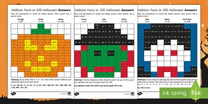 KS1 Addition and Subtraction Facts up to 100 Halloween Maths Mosaic Worksheets