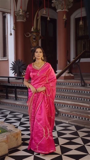 Khako - by Heena Patel on Instagram: "A drape that whispers royalty 💫 Pure Chanderi silk saree with exquisite aritikki work.🩷 #khako #khakobyheenapatel #ahmedabad #khakosstyle #saree #chanderisilk"