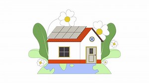 Residential renewable energy 2D animation. Intentional life 4K motion graphic. Photovoltaic solar panels on rooftop building exterior animated composition cartoon flat concept, white background