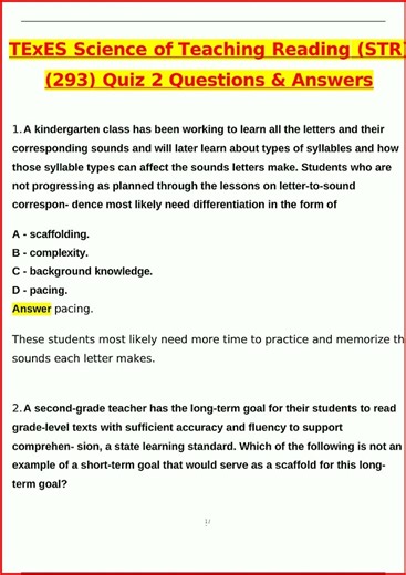 Texes Science Of Teaching Reading Str 293 Quiz 2 Exam Latest video