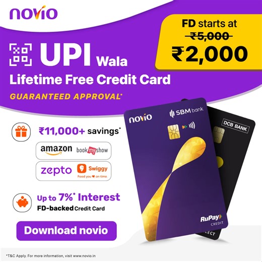 Get your novio FD-backed UPI Credit Card with 100% Approval*: 💸 FD starts at just ₹2,000 💰 Save ₹11,000 on top brands 💳 Up to 10% Rewards on UPI spends 🏷️ Get up to 12% discount on top brands 🏦 Your FD earns up to 7% interest/year ✔️ No income proof, no credit score needed 🆓 Lifetime FREE card | novio.life