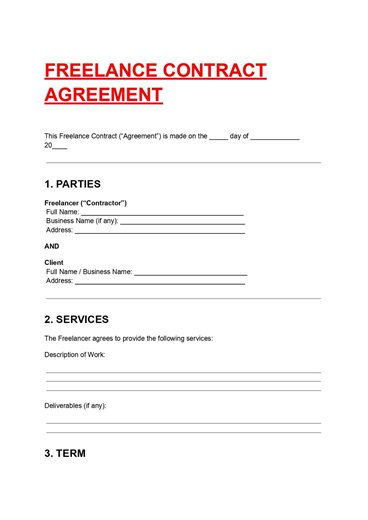 Freelance Contract Agreement Template Editable DOC & PDF | Professional Freelancer Service Contract
