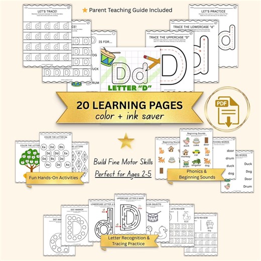 Letter D Tracing Worksheets | Preschool Alphabet Printable (ages 2-5) - Etsy