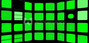Futuristic Array of Screens with Green Glitches in Darkness. Green Screen Chroma Key