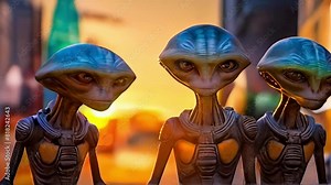 Extraterrestrial beings in an urban setting with a sunset backdrop. Group of aliens at sunset in a city. Concept of sci-fi theme, alien encounter, extraterrestrial life, and sunset cityscape. Motion
