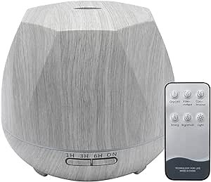 500ml Ultrasonic Cool Mist Essential Oil Diffuser with Remote Control, White Wood Grain Aromatherapy Diffuser with Waterless Auto Shut-Off, 4 Timer, 7 Color Changing LED for Home Yoga Office