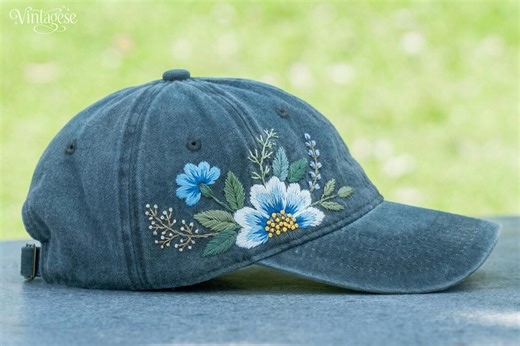 Blue Flower Embroidered Baseball Cap, Floral Embroidered Hat, Custom Embroidered Hat, Summer Cap, Gift For Her