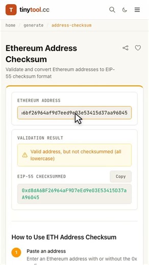 ETH Address Checksum — Free Online Tool | TinyTool.cc