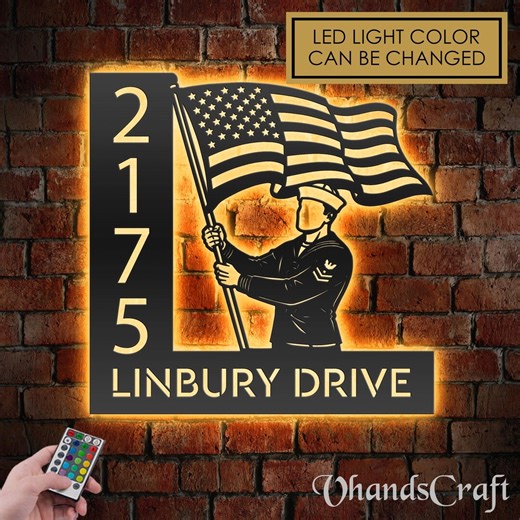 Personalized Sailor Waving US Flag LED Address Sign - Custom Metal House Number Plaque - Etsy