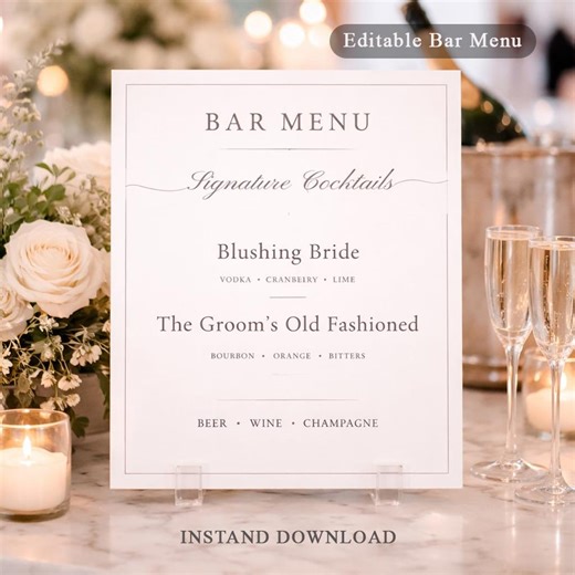 Wedding Bar Menu Template, Editable Bar Menu Sign, Minimalist Wedding Drink Menu, Printable Cocktail Menu, Canva Wedding Sign, Editable - Etsy