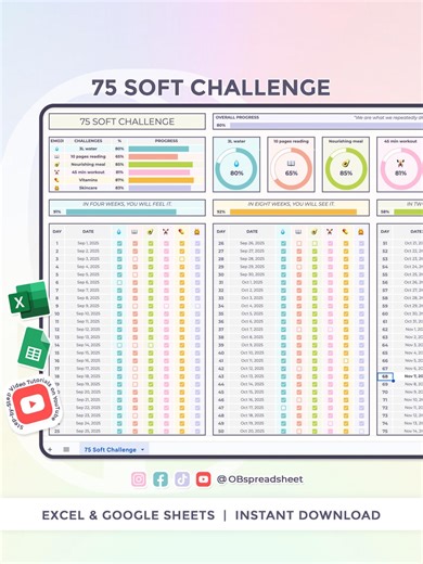 75 Soft Challenge - Habit Tracker - Excel and Google Sheets Template - Spreadsheet - Pastel Theme - Instant Download - Etsy Canada