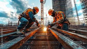 Construction workers welding on a steel framework under a dramatic sky at a high-rise site