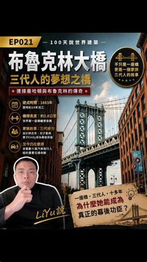 EP021｜布鲁克林大桥｜100天说世界建筑 你知道吗？纽约最经典的一座桥，背后其实是一个家族三代人的故事。 布鲁克林大桥于 1883年正式通车，横跨东河，连接曼哈顿和布鲁克林。 全长约 1.8公里，是世界第一座采用钢缆建造的大型悬索桥，也开创了现代桥梁工程的新时代。 不过，设计师约翰·罗布林（John Roebling）在开工前意外去世。 工程由他的儿子接手，但儿子又