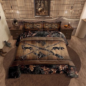 Rustic Farmhouse Bedding Sets Retro Camo Cabin Lodge Comforter Set Queen Hunting And Fishing Bedding Comforter Sets Adults Men Wildlife Bear Deer Fish Duck Quilt Set 3 Pcs