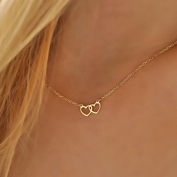 14k Gold Minimalist Double Heart Necklace ∙ Heart Link Pendant ∙ Heart Outline Jewelry ∙ Elegant Handmade Jewelry for Her ∙ Dainty Love Gift - Etsy