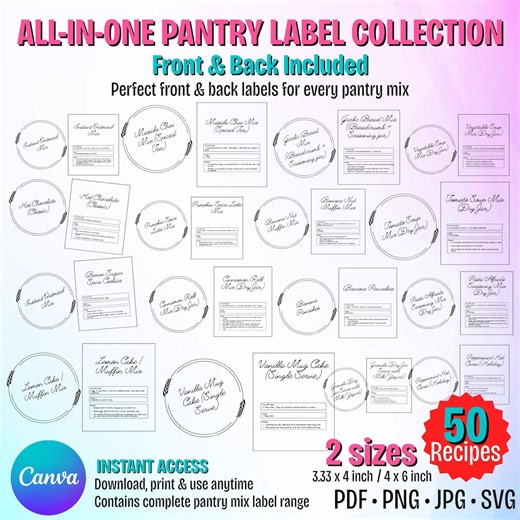 Printable Pantry Label Collection, Pantry Kitchen Organization Stickers, 50 Recipe Labels, PDF PNG SVG Instant Download, Canva Template - Etsy UK