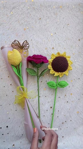 Tutorial de Flores Tejidas: Tulipán, Girasol y Rosa