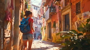 Girl Exploring Quaint Urban Alley with AI generated.