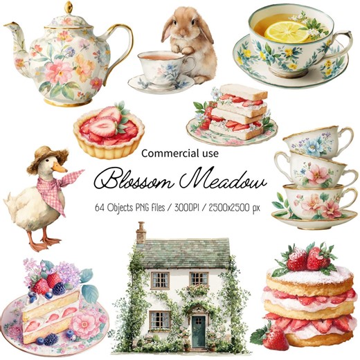 Watercolor Tea Party Clipart, Cottagecore Tea Set PNG, Floral Teapot Teacup Dessert, Vintage Kitchen Graphics, Garden Tea Party Illustration - Etsy
