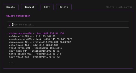 dssh 是一个用 Go 编写的 SSH 连接管理器，支持 CLI 和 TUI 两种使用方式。核心功能围绕"创建、连接、编辑、删除"四个操作展开，支持 SQLite、ssh_config 或两者混用作为存储后端。密码使用 AES-256-GCM + Argon2id 加密，支持跨平台（Linux/macOS/Windows/FreeBSD），无额外依赖