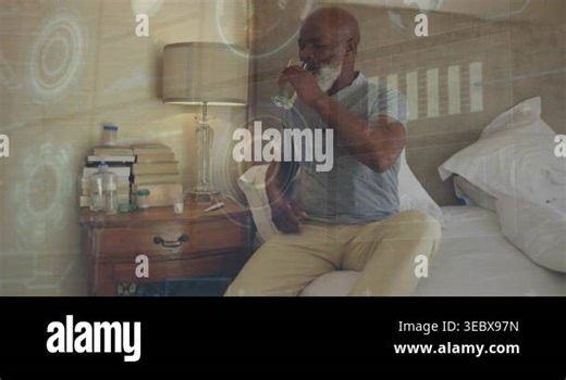 Man sitting on bed, phone alert causing drinking from glass, animated health meter rising above cup. Water, hydration, wellness, latenight, bedroom, nightstand, lamp Stock Video Footage - Alamy