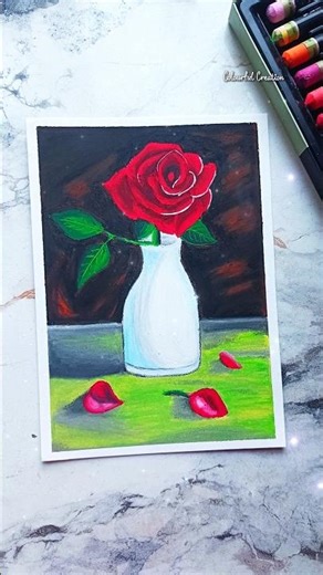 Rose flower vase- oil pastel drawing✨|| #shorts #oilpastel #art