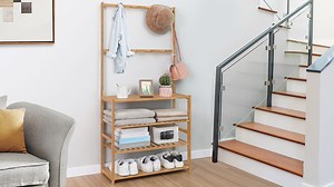 Watch Entryway Coat Rack Shoe Beach Rack,3 in-1 Bamboo Garment Rack on Amazon Live