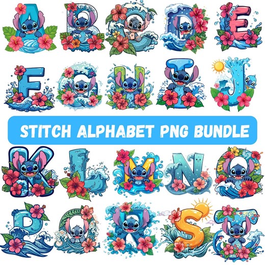 Stitch Alphabet PNG Bundle, Blue Alien Cartoon Letters (digital Download) - Etsy