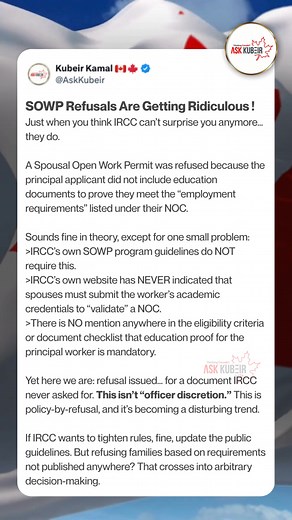 🇨🇦 SOWP refusals are getting absurd. If rules are changing, update the website. Let’s not make families pay for requirements no one was told about. #SOWP #IRCC #CanadaImmigration #askkubeir ——————————————— 📌 If you believe your VISA application should be showcased in the most favourable light when submitting to immigration, feel free to book our services through the provided link in the Bio. 📌 To book an appointment with Kubeir - Licensed Canadian Immigration Consultant, click the “Book Appo