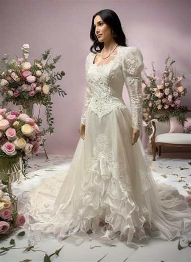 Vintage Ruffle Satin Wedding Dress* Beaded White 80’s Bridal Gown With Long Sleeves and Long Train - Etsy