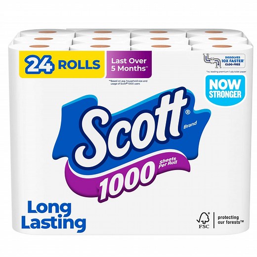 Scott 1000 Toilet Paper, 24 Rolls, 1,000 Sheets per Roll