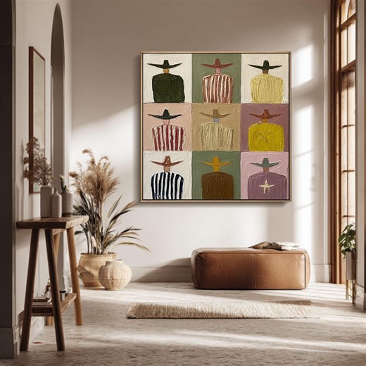 Colorful Cowboy Oil Painting Heavy Texture Abstract Western Figures Grid Style Wall Art