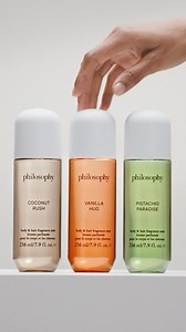 new scientifically proven mood-boosting fragrance mists. vanilla brings comfort, coconut sparks love & pistachio brings bliss | philosophy