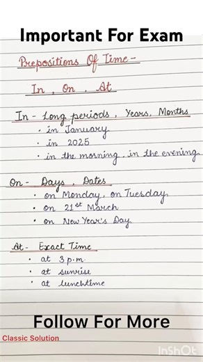 Most Important For Exam |Preposition Of Time : In At On #shortsfeed #shorts