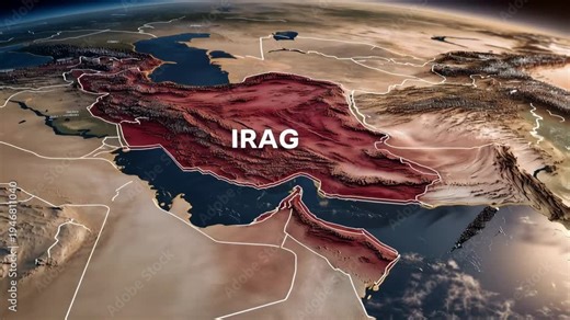 Map of Iraq highlighted on globe, Middle East region, geopolitics, global conflict concept, international relations, world news, strategic location, crisis zone, red illuminated territory background.