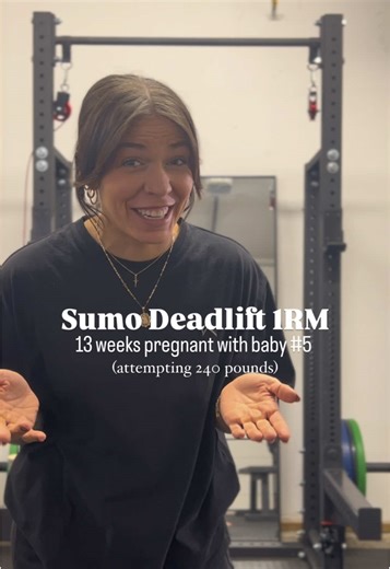 DEADLIFT 1RM // 13 weeks pregnant My previous sumo deadlift 1RM was 235# and that was when I was about 14m postpartum after my second baby. I recently tried testing my 1RM again but it was an EPIC FAIL (I have a reel on it). I don’t think I even pulled 205#, buuuuut it was also 5:00am and I was sick with a stomach bug a week prior to testing, so I partially blame those things 😆 —— I knew I wanted to test my 1RM again, at this time, even before I found out I was pregnant, so I didn’t let my preg