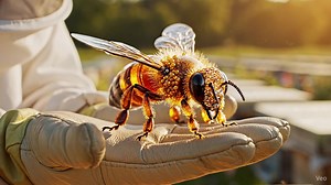 2. A beekeeper inspects frames in a sunlit apiary. From their careful perspective, we see a wooden honey frame held up to the light, golden honey dripping slowly from the comb. Warm sunlight creates a amber glow, with wildflowers visible in the blurred background. In slow motion, a large honey drop detaches from the comb, forming a perfect sphere. The viscous liquid stretches, maintaining connection before finally breaking free. The drop hangs in the air longer than physics should allow. Its sur