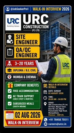 Civil Engineering Jobs 2026 | URC Construction Walk-In Interview | Data Center Projects - Chennai