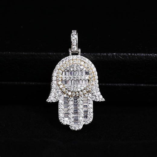 Iced Out Hamsa Hand Pendant, Baguette & Round Moissanite Diamond Necklace, Two Tone 925 Silver Charm, Hip Hop Jewelry, Gift for Men - Etsy