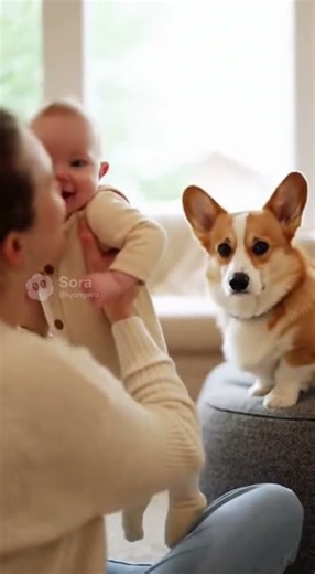Mom Picks Up the Baby… Puppy Goes Into Watch Mode 🐶👶👀 #BabyAndPuppy#PuppyOnWatch#CuteShorts