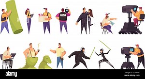 Movie cinema production film crew camera operator actors equipment costumes props 2  comic horizontal sets vector illustration Stock Vector Image & Art - Alamy