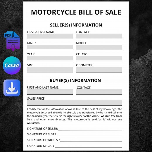 Editable Motorcycle Bill of Sale Template – PDF A4 & US Letter - Etsy