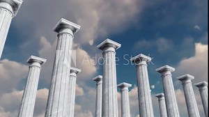 Low angle view of white marble ancient tuscan order columns in a row against daytime cloudy sky background. Abstract concept realistic 3D animation rendered in 4K Stock Video