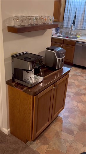 Coffee bar cabinet with coffee beans in top. @TotalBoat